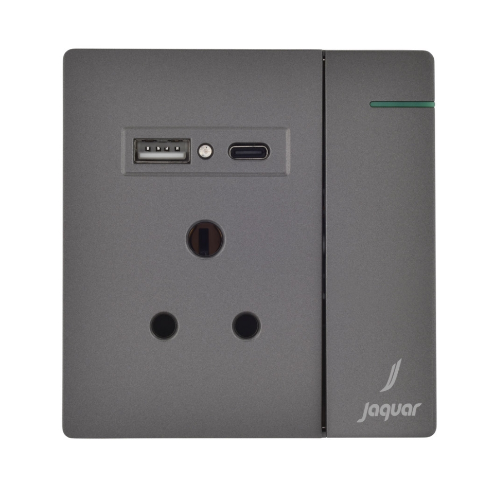 Picture of थ्री पिन सॉकेट विद इंडिकेटर एंड बिग स्विच एंड वन Usb एंड वन टाइप-C - ग्रे